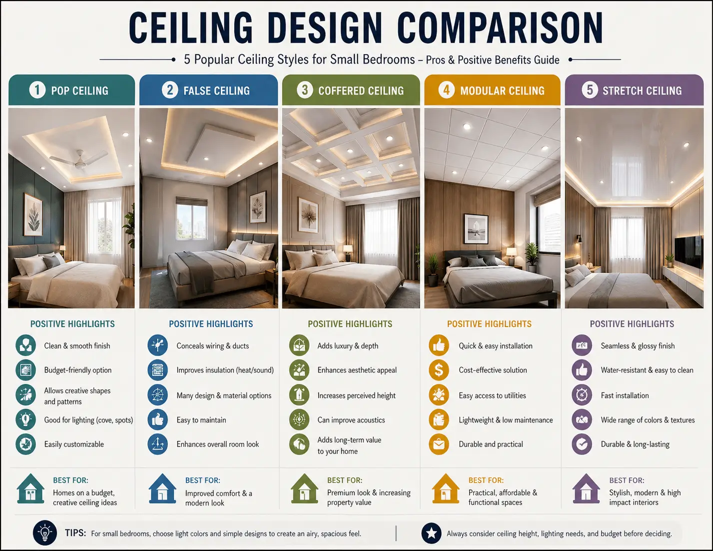 Comparison of ceiling design styles for small bedrooms